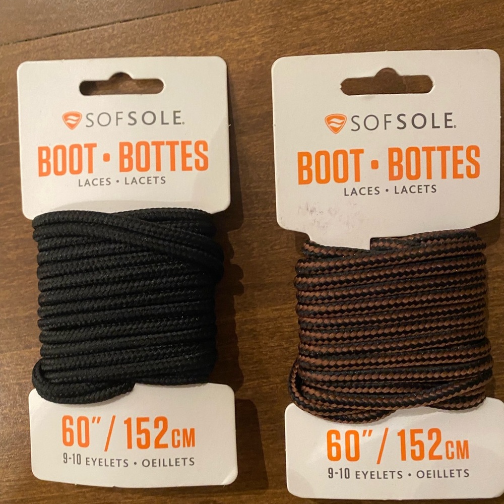 Two Pair New Sofsole Boot Laces 60” Black/Brown, 9-10 Eyelets